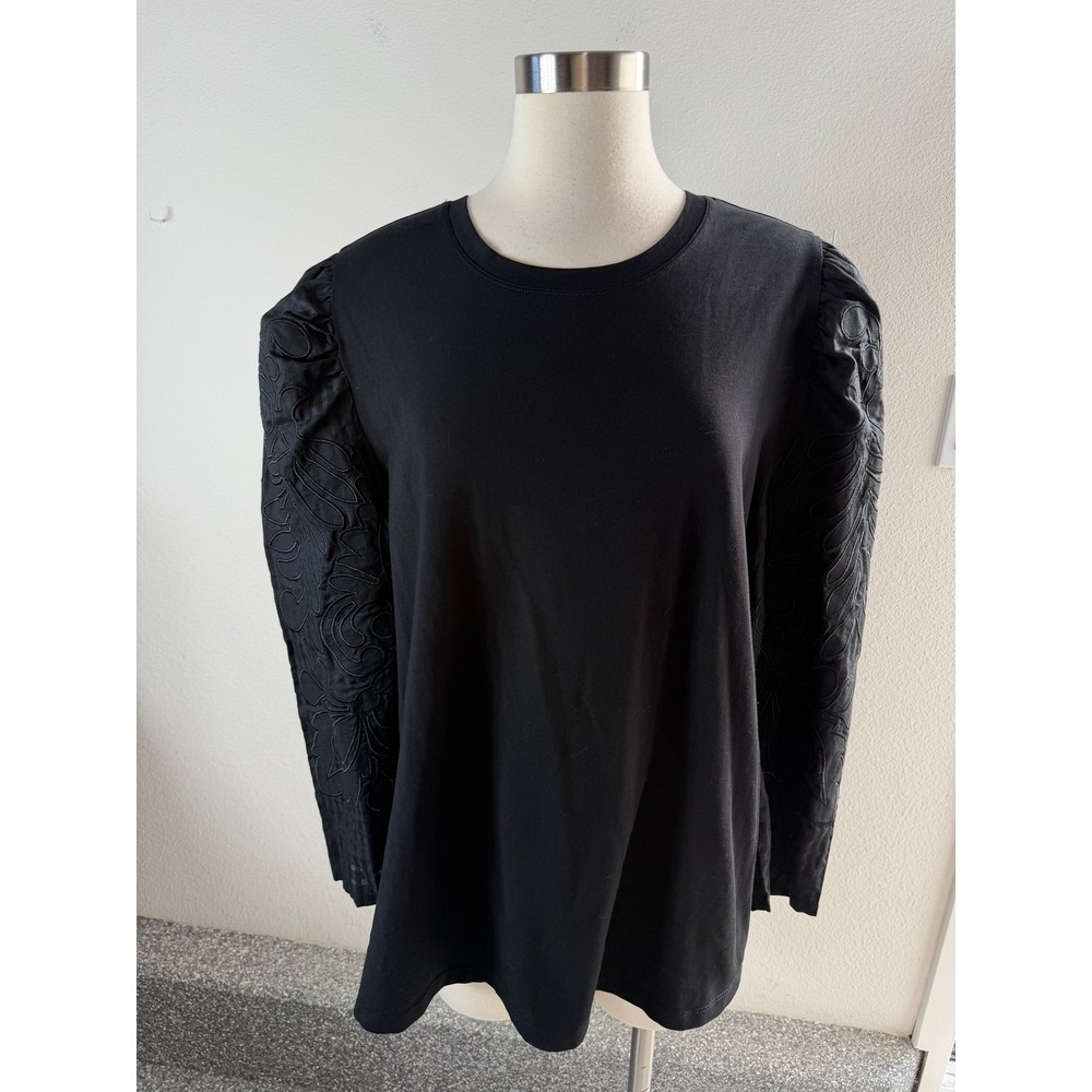 Chicos Womens XL Black Embroidered Puff Sleeve Top Crew Neck Cotton Blend